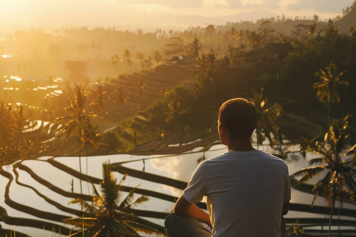 Man Watching Gorgeous Sunrise on Bali's Rice Terrace