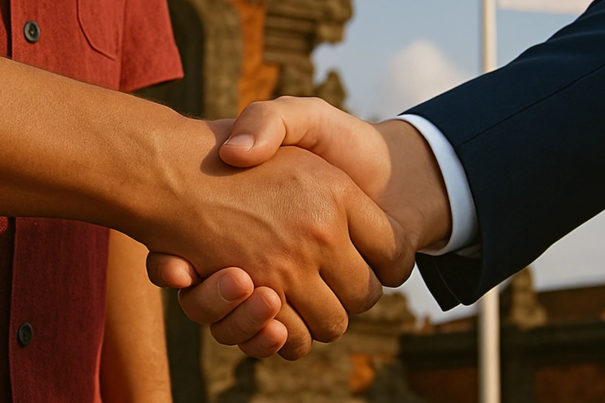 Balinese and Ambassador Shake Hand AI Illustrator