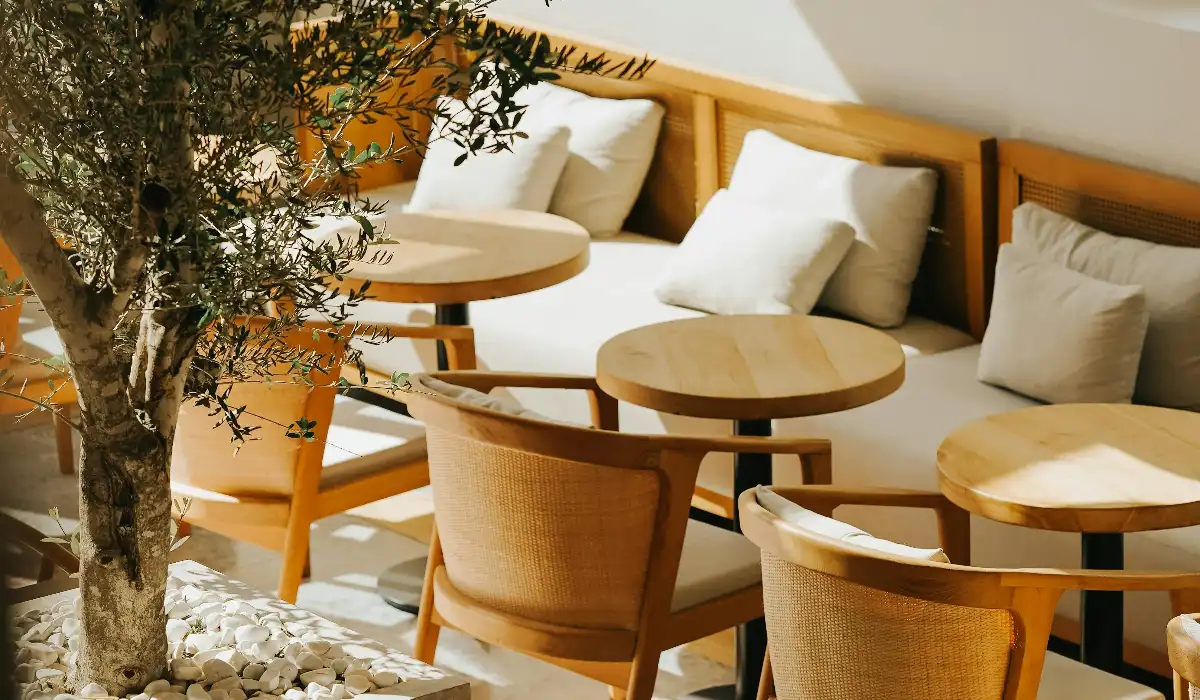 minimalist cafe with natural wood furniture