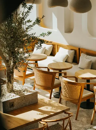 minimalist cafe with natural wood furniture