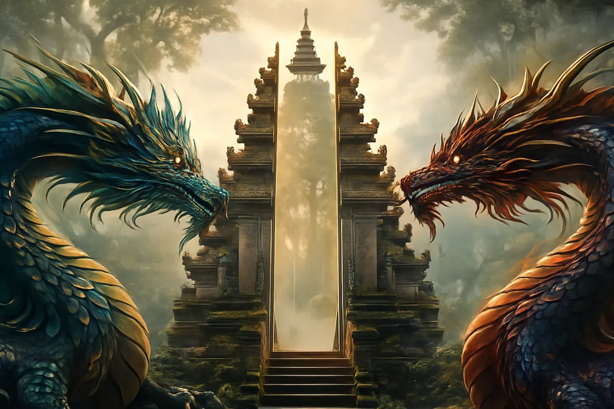 Two Dragons and a Balinese Pura Temple AI Illustration