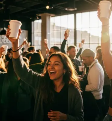 People enjoying a daytime coffee rave in a café