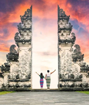 Pura Lempuyang At Dawn With Two Persons Standing
