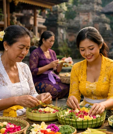 Balinese Women Making Canang Offering AI Illustration