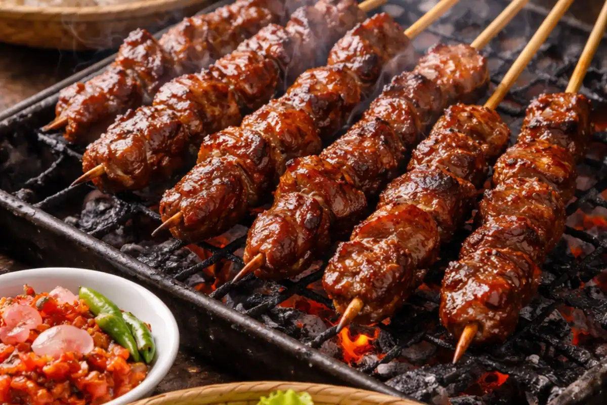 A close-up of Sate Maranggi with smoke from the grill