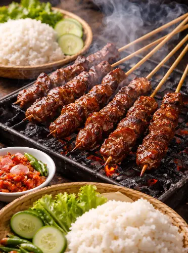 A close-up of Sate Maranggi with smoke from the grill
