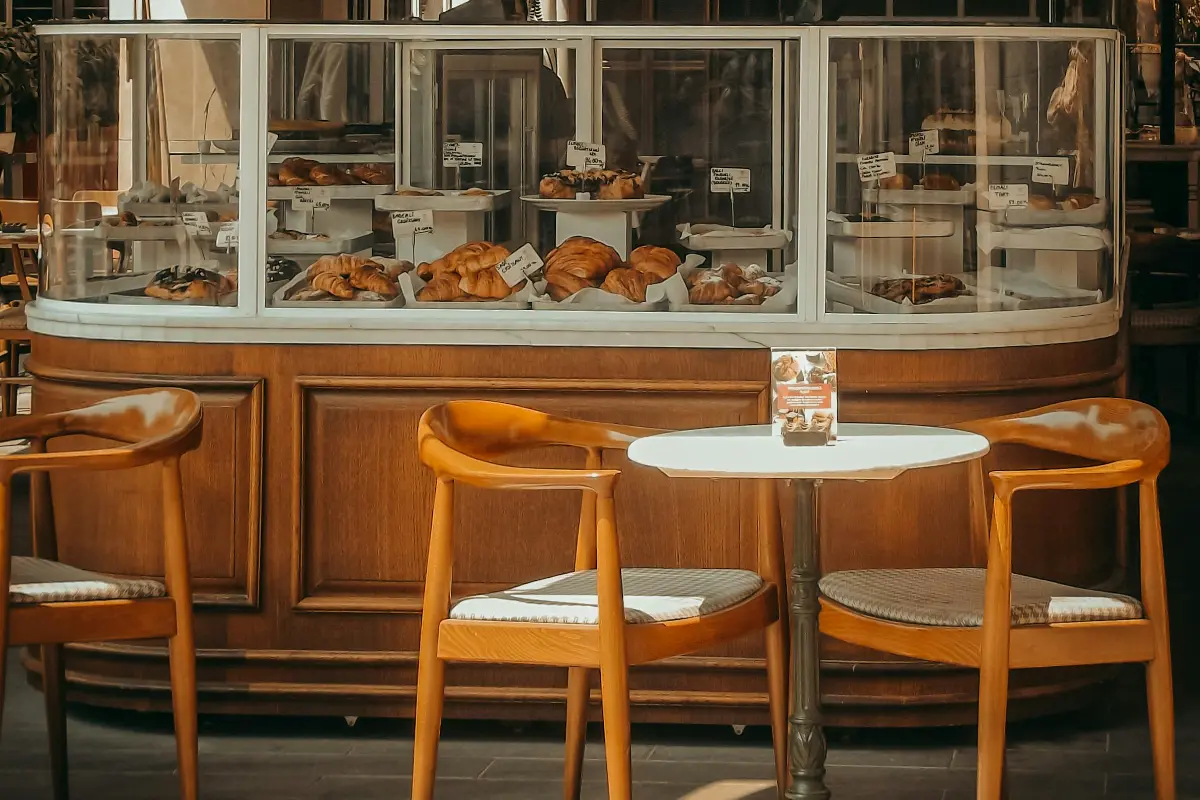 Interior of a café featuring a wooden bakery counter filled with pastries