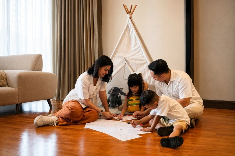 Family with two children enjoying a coloring activity inside a hotel room