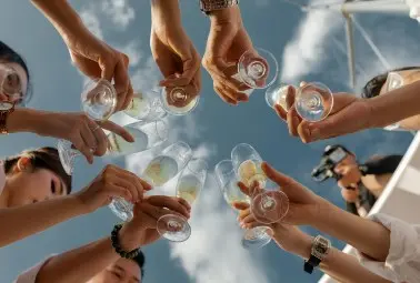 people toasting cheering with blue sky