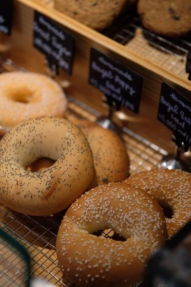 Assorted freshly baked bagels displayed in a bakery
