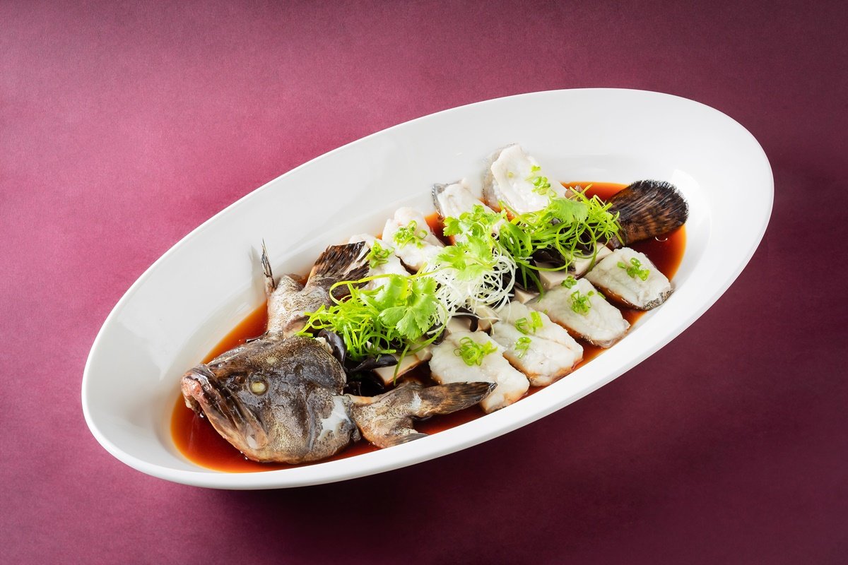 Steamed Tiger Grouper Fish with Tofu Black Fungus in Soya Sauce