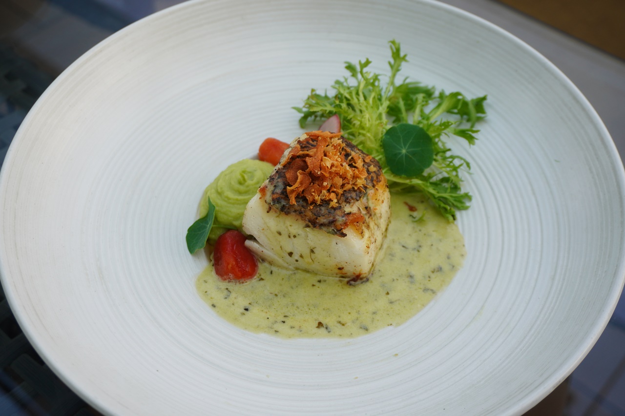 Pan-seared Snowfish with Mashed Peas, Cherry Tomato and Creamy Basil Sauce